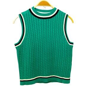 BP Nordstrom Green White Black Cable Knit Sleeveless Sweater Vest Top Large